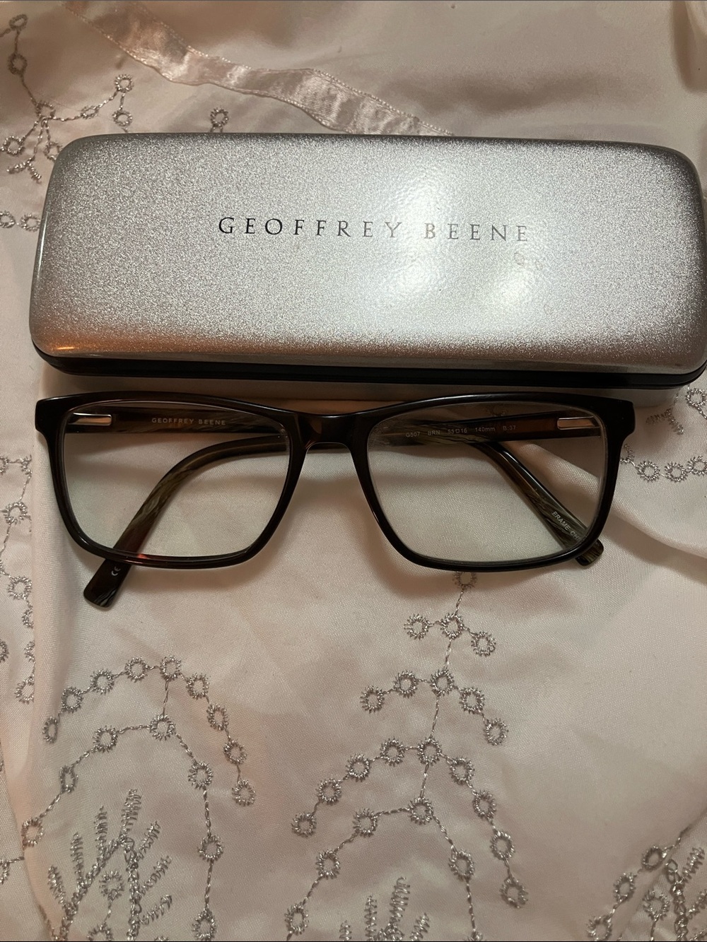Geoffrey Beene Brown Rectangular Eyeglasses with Subtle Tortoise Temples